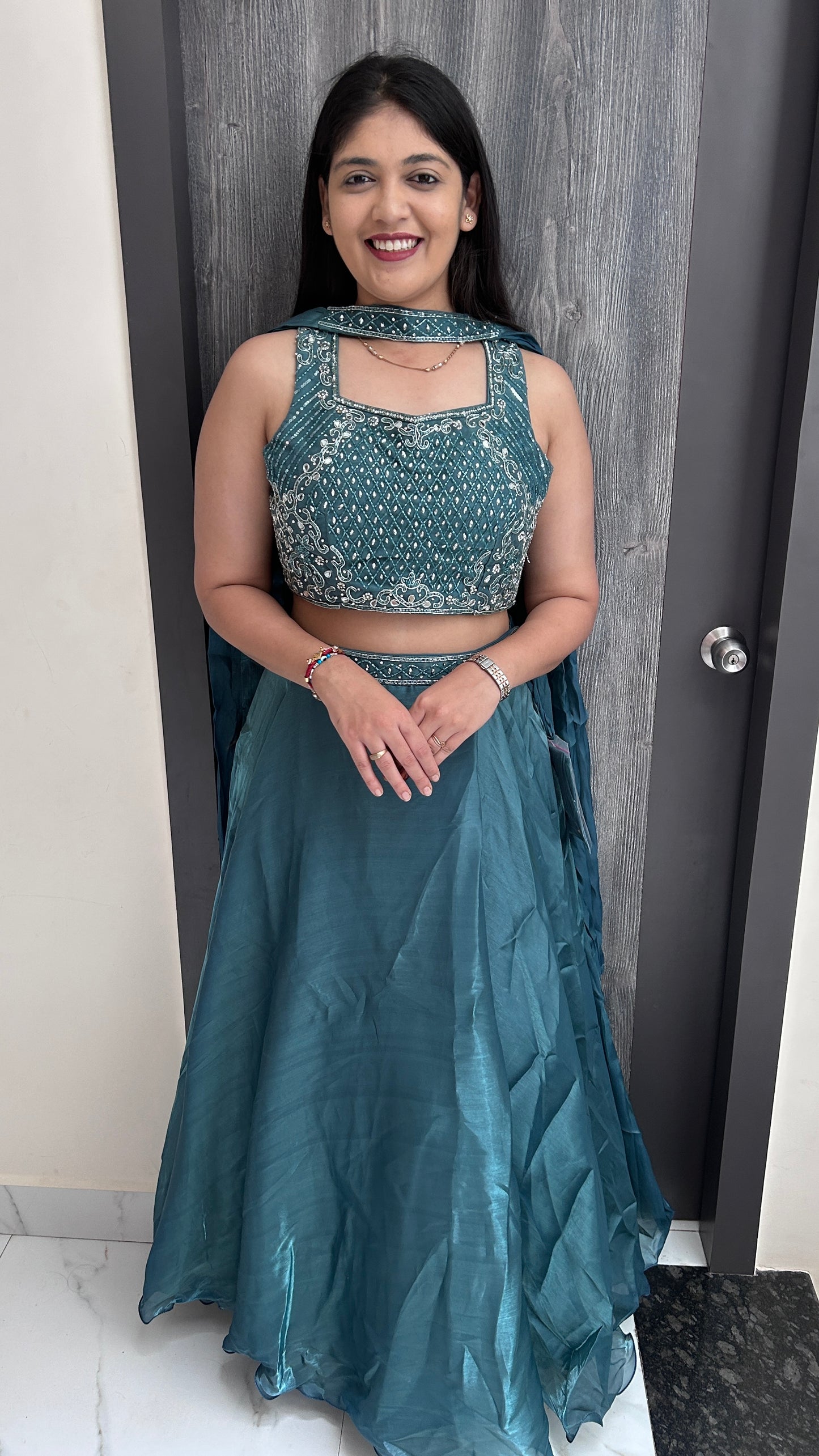 Teal Blue Hand-Embroidered Tissue Crop Top