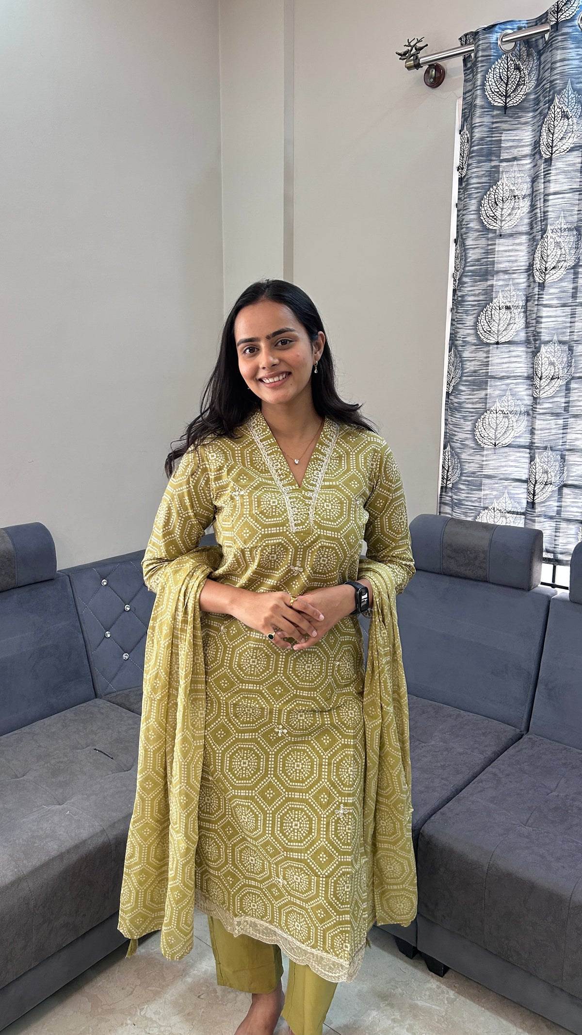 Olive Green Geometric Print Hand-Embroidered Suit Set