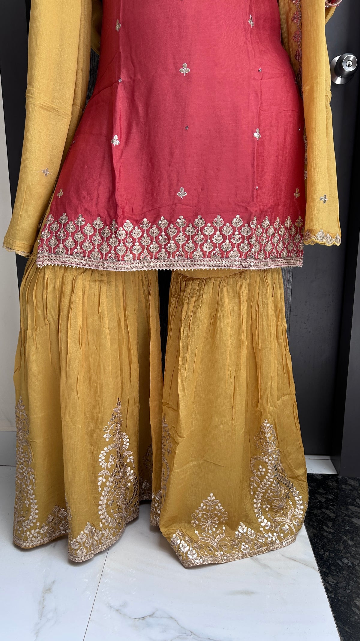 Coral and Mustard Embroidered Sharara Set