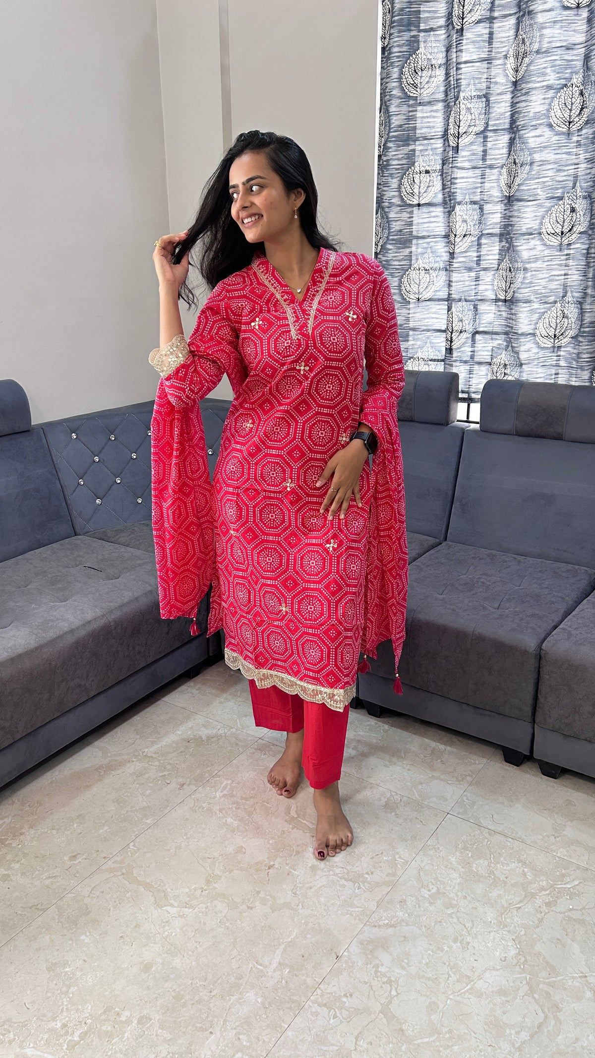 Bright Pink Geometric Print Hand-Embroidered Suit Set