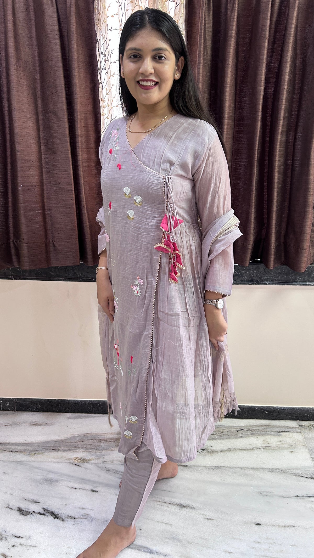 Mauve Hand-Embroidered Angrakha Suit Set