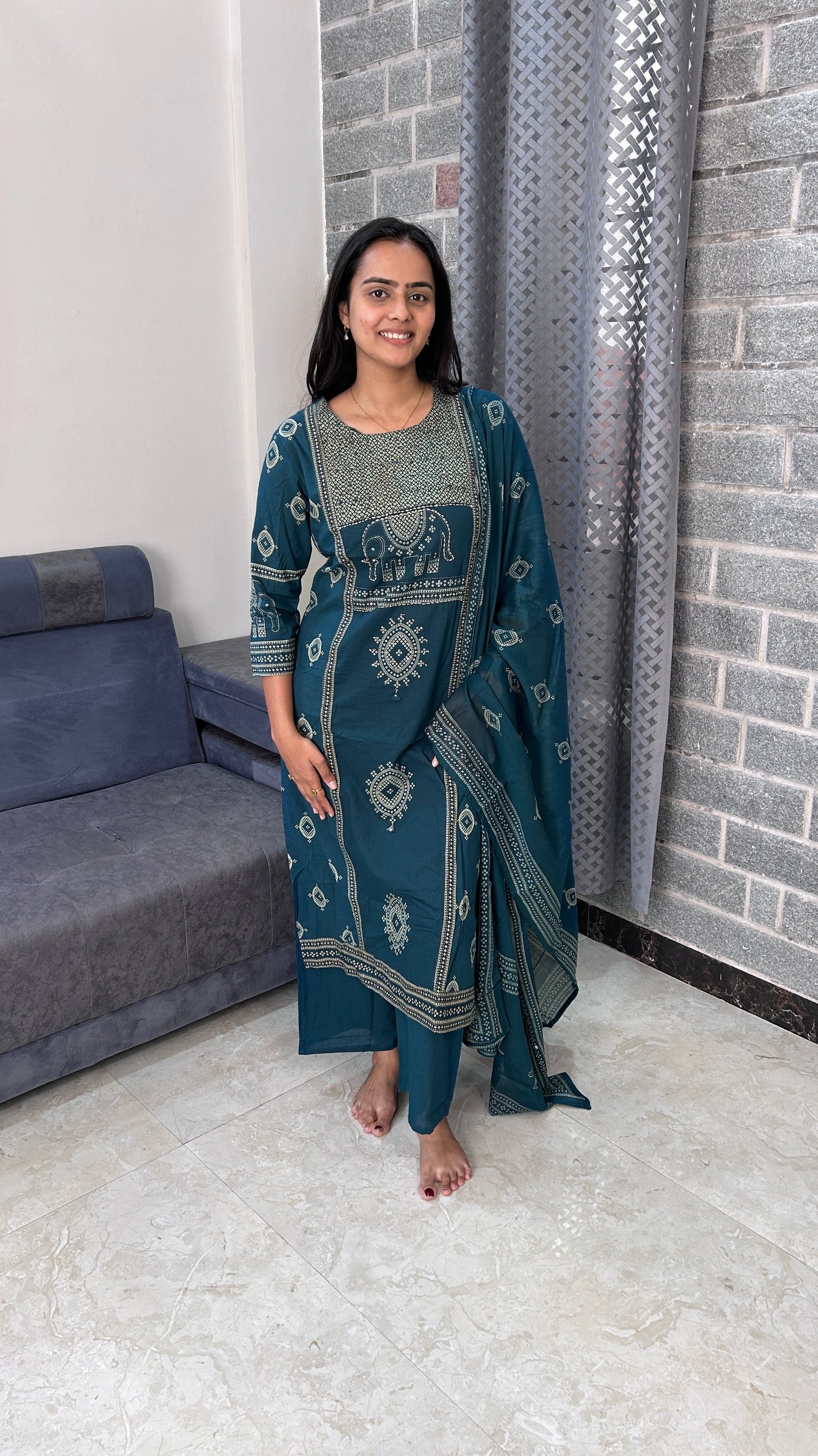 Teal Elephant Motif Straight Kurta Set