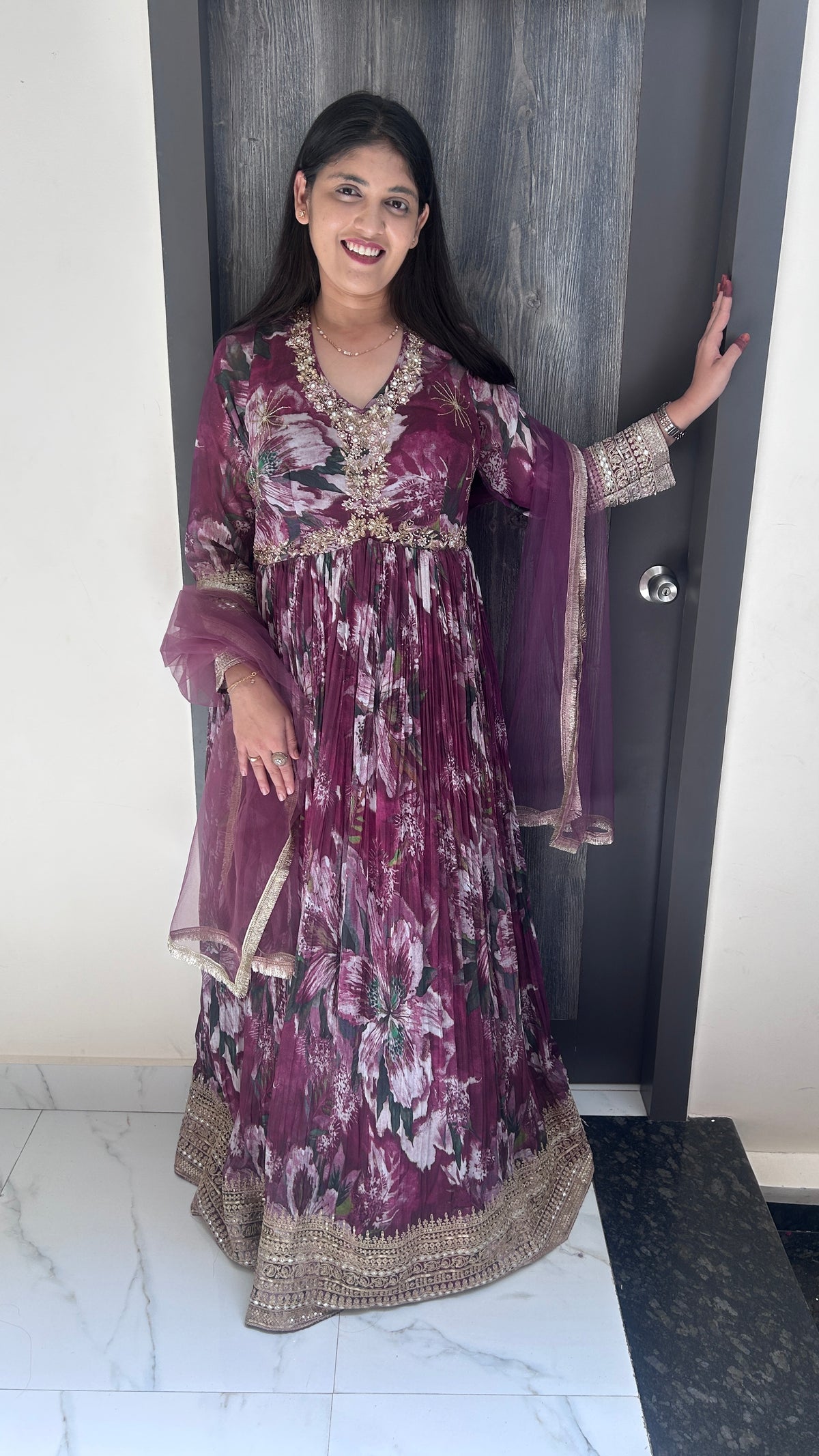 Wine Floral Embellished Anarkali Gown