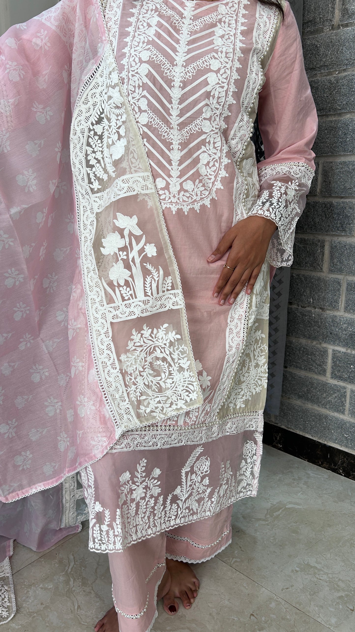 Pastel Pink & White Hand-Embroidered Suit Set