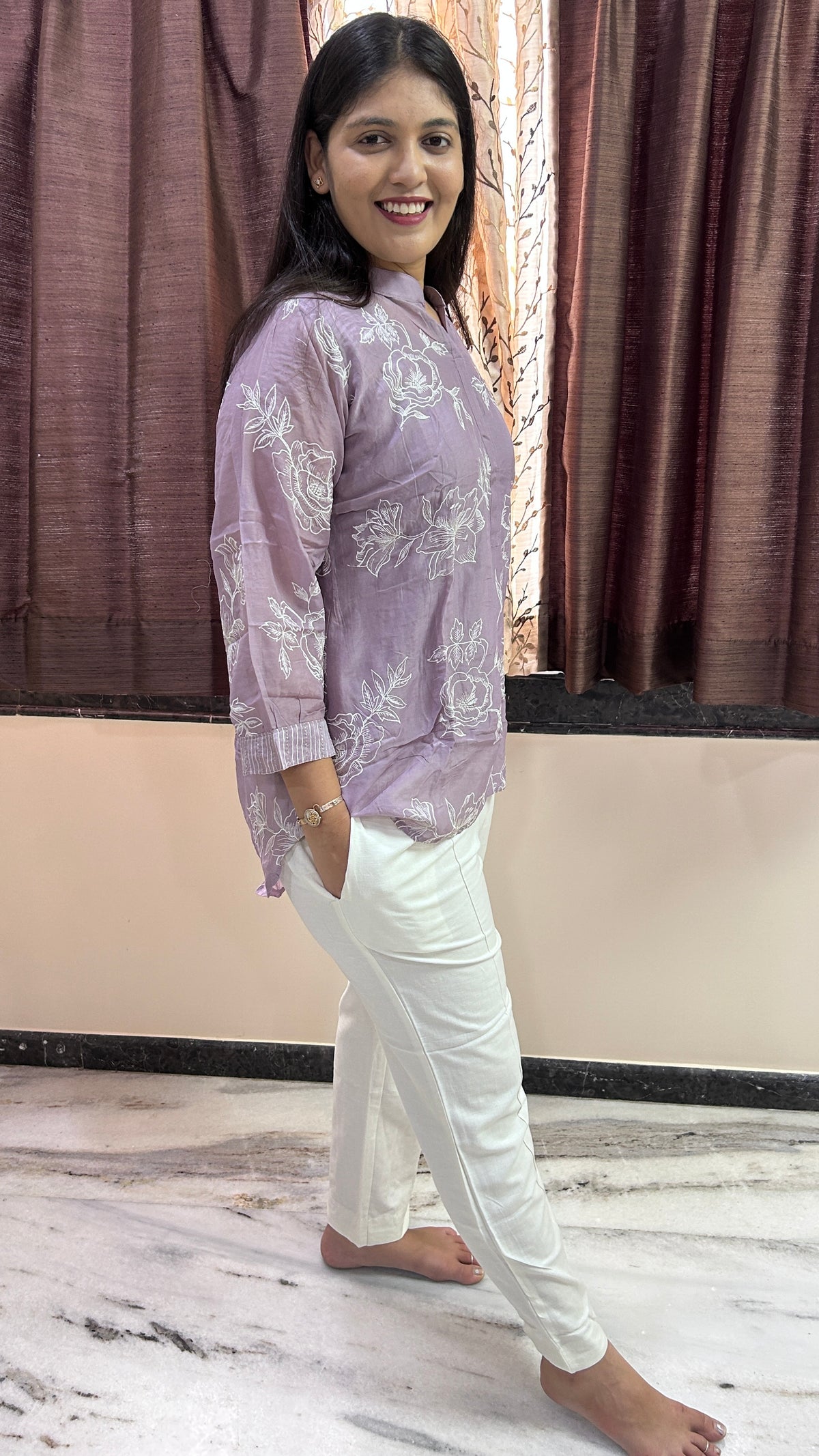 Lavender Floral Hand-Embroidered Tunic and Trouser Set