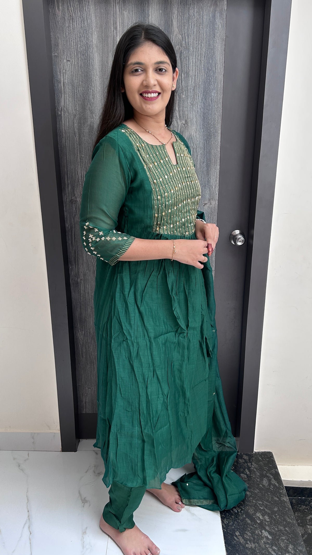 Emerald Green Hand-Embroidered Flared Kurta Set