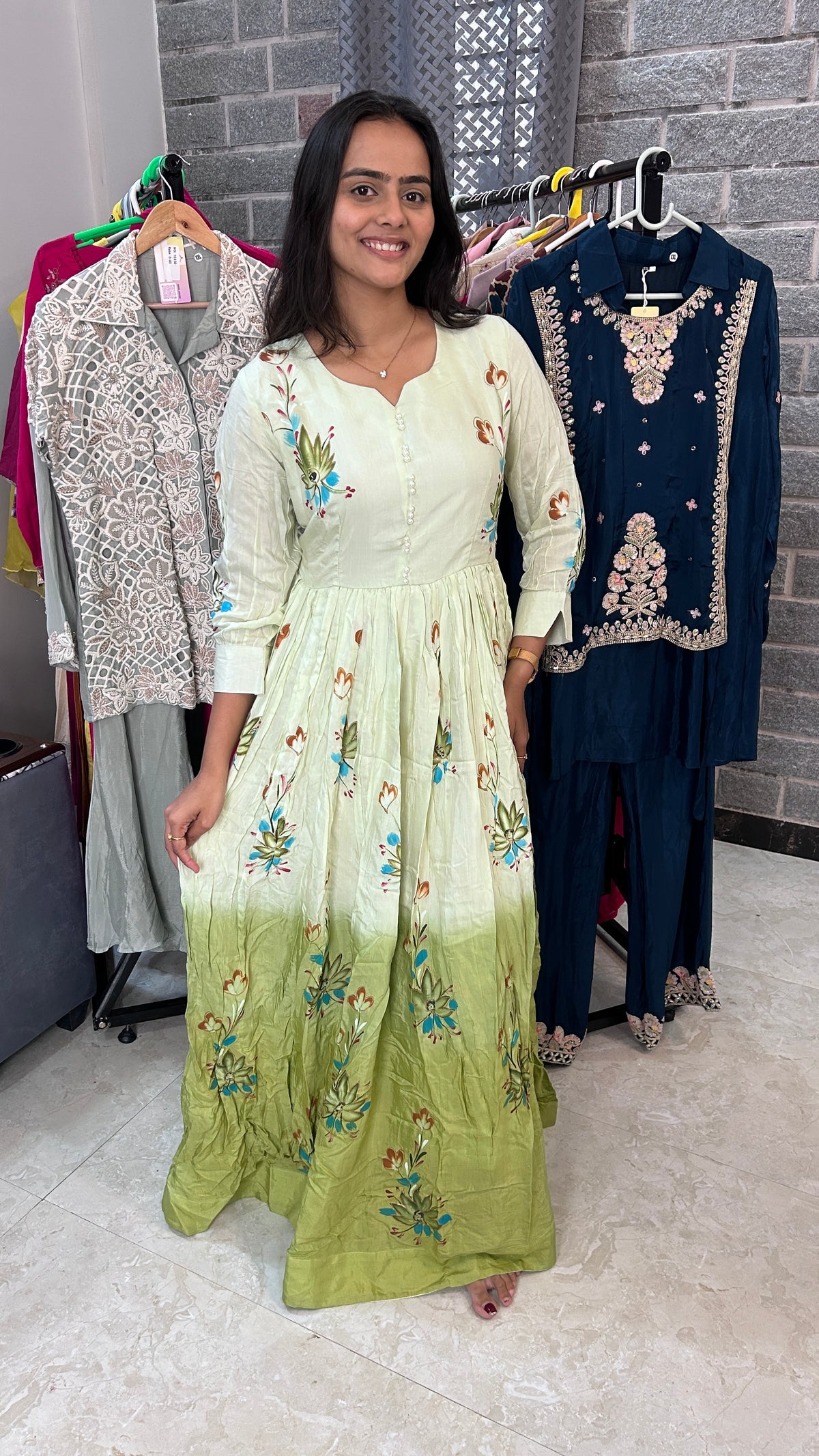 Green Floral Ombre Anarkali Suit