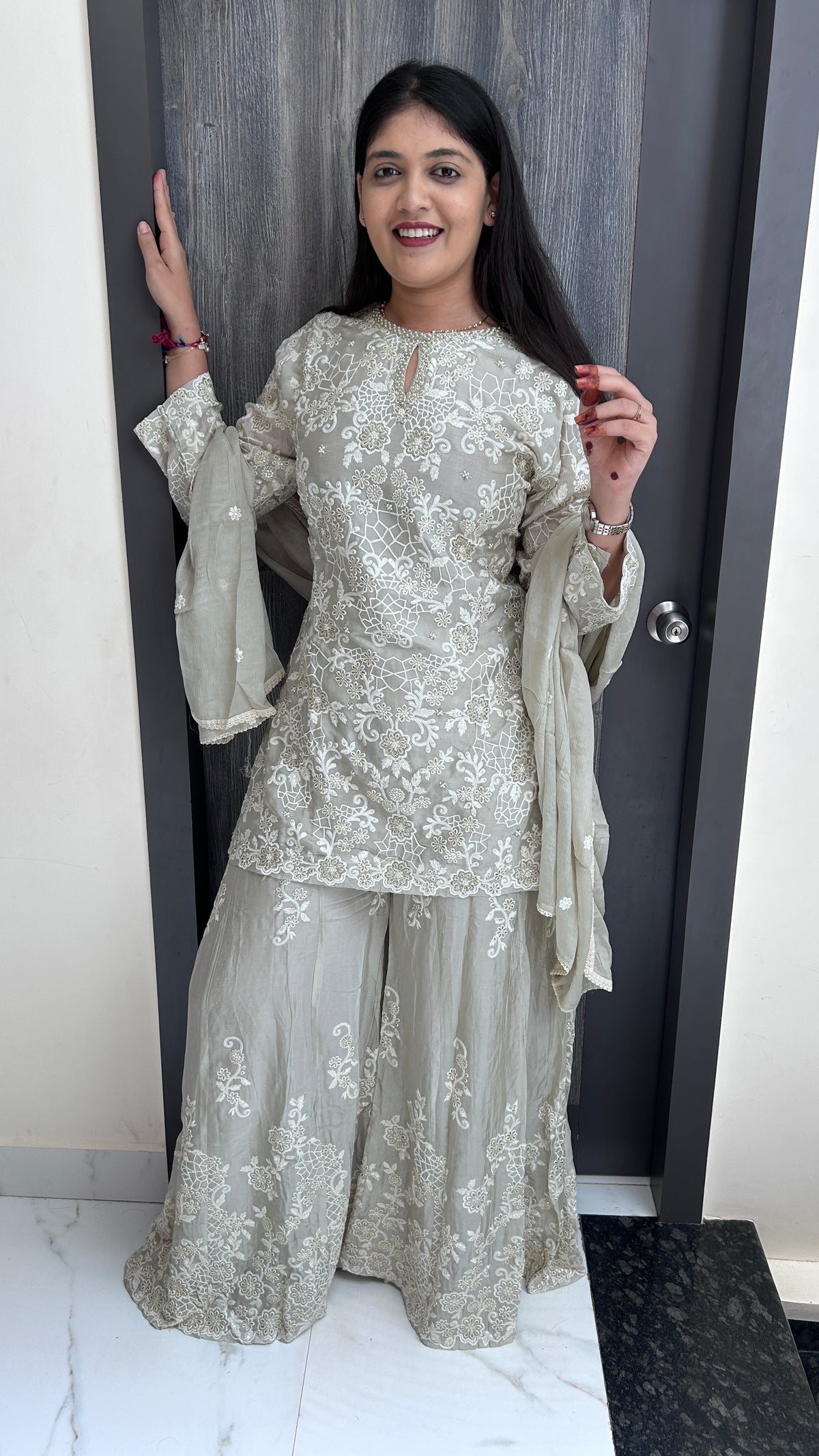 off white Monotone Embroidered Sharara Set