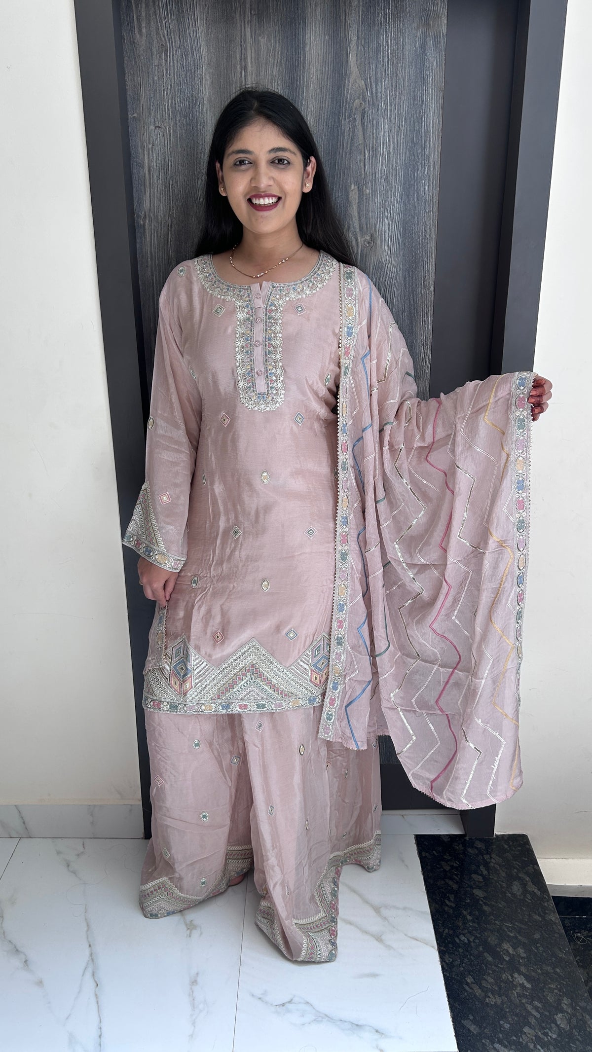 Pastel Pink Embroidered chinnon Sharara Set