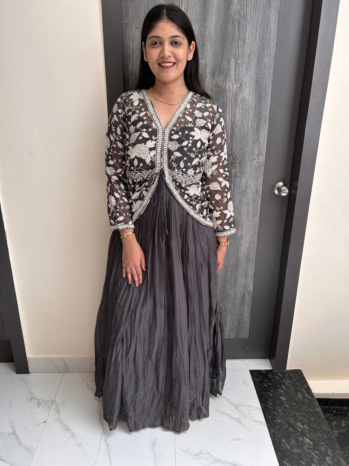 Charcoal Embroidered Jacket Anarkali Set