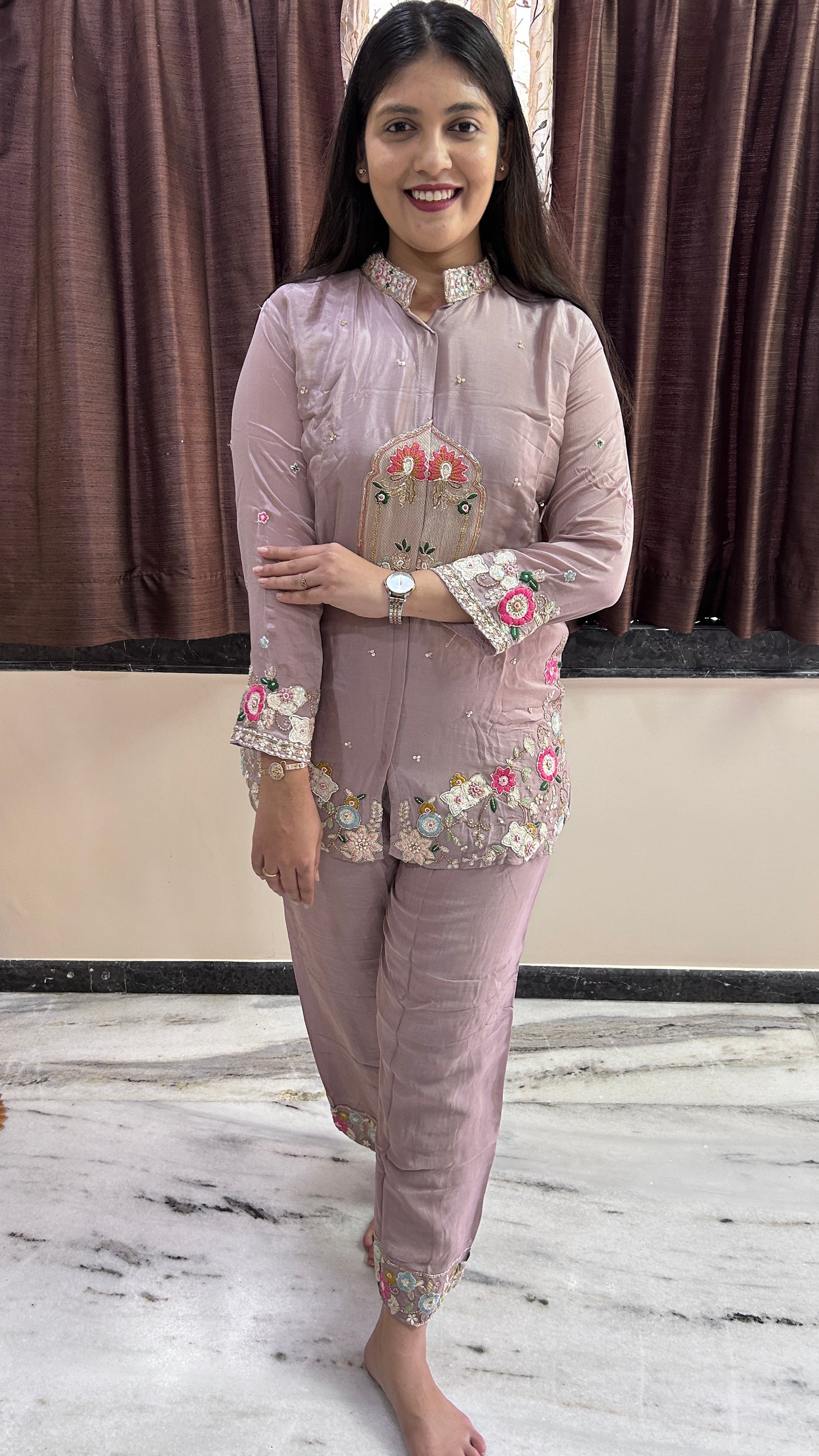 Mauve Scalloped Hand-Embroidered Co-ord Set