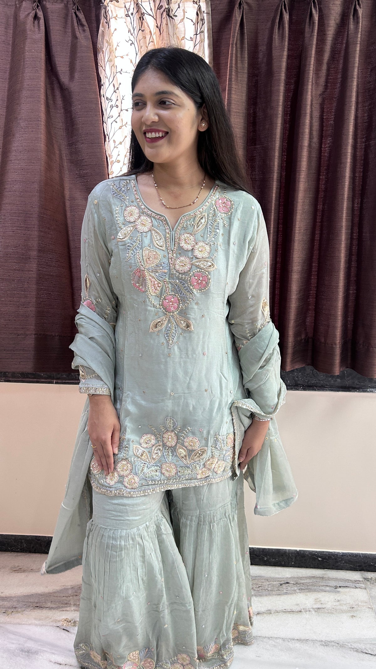 Light blue Hand-Embroidered chinnon Sharara Set