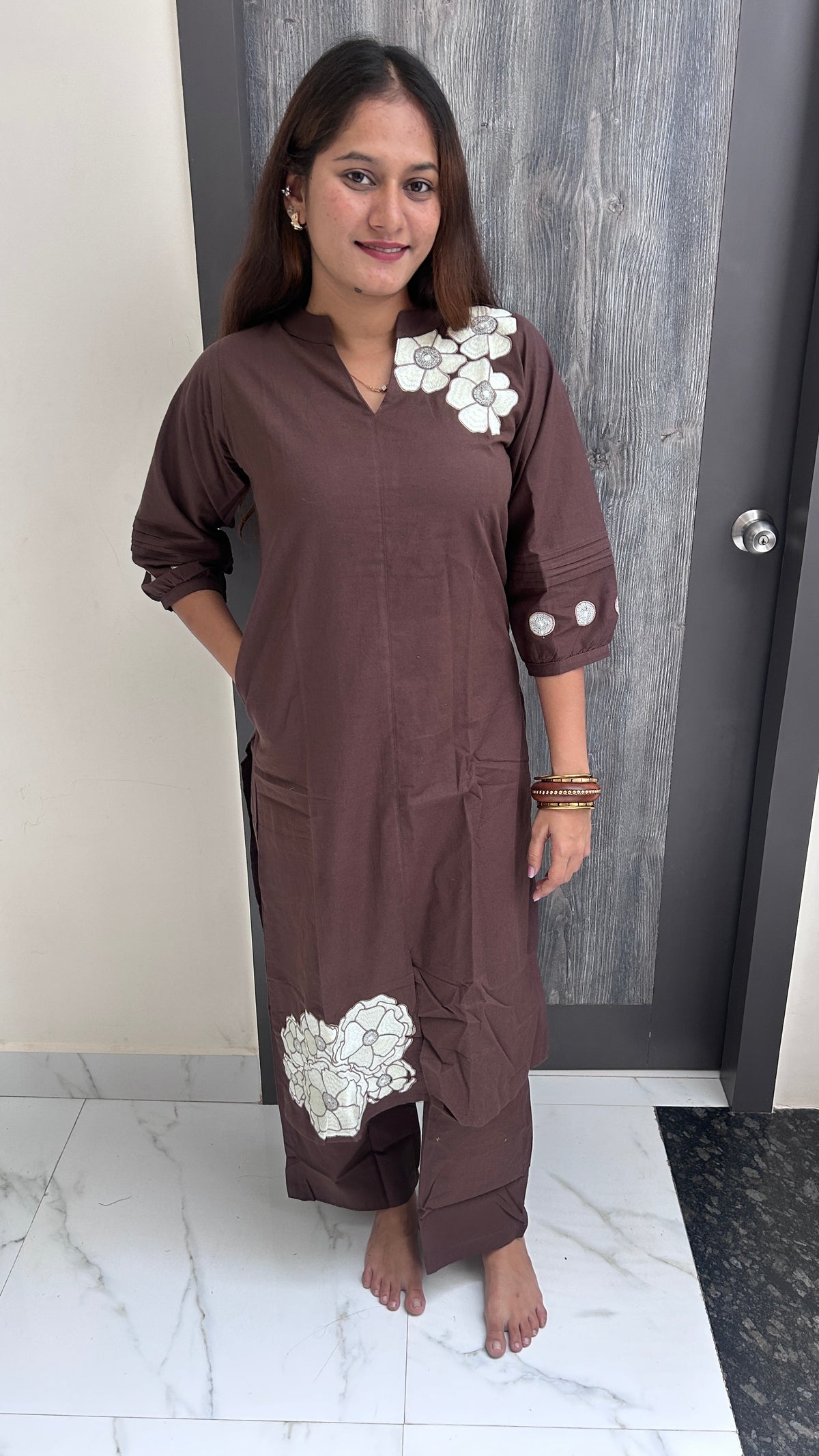 Dark Brown Hand-Embroidered Floral Patch Kurta Set