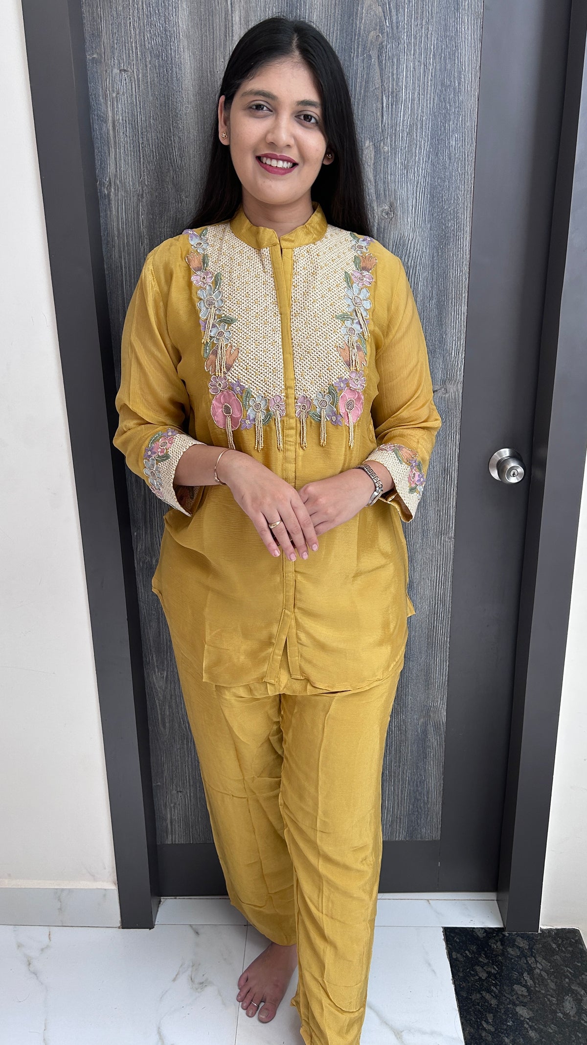 Mustard Yellow Pure Chinnon Hand-Embroidered Co-ord Set