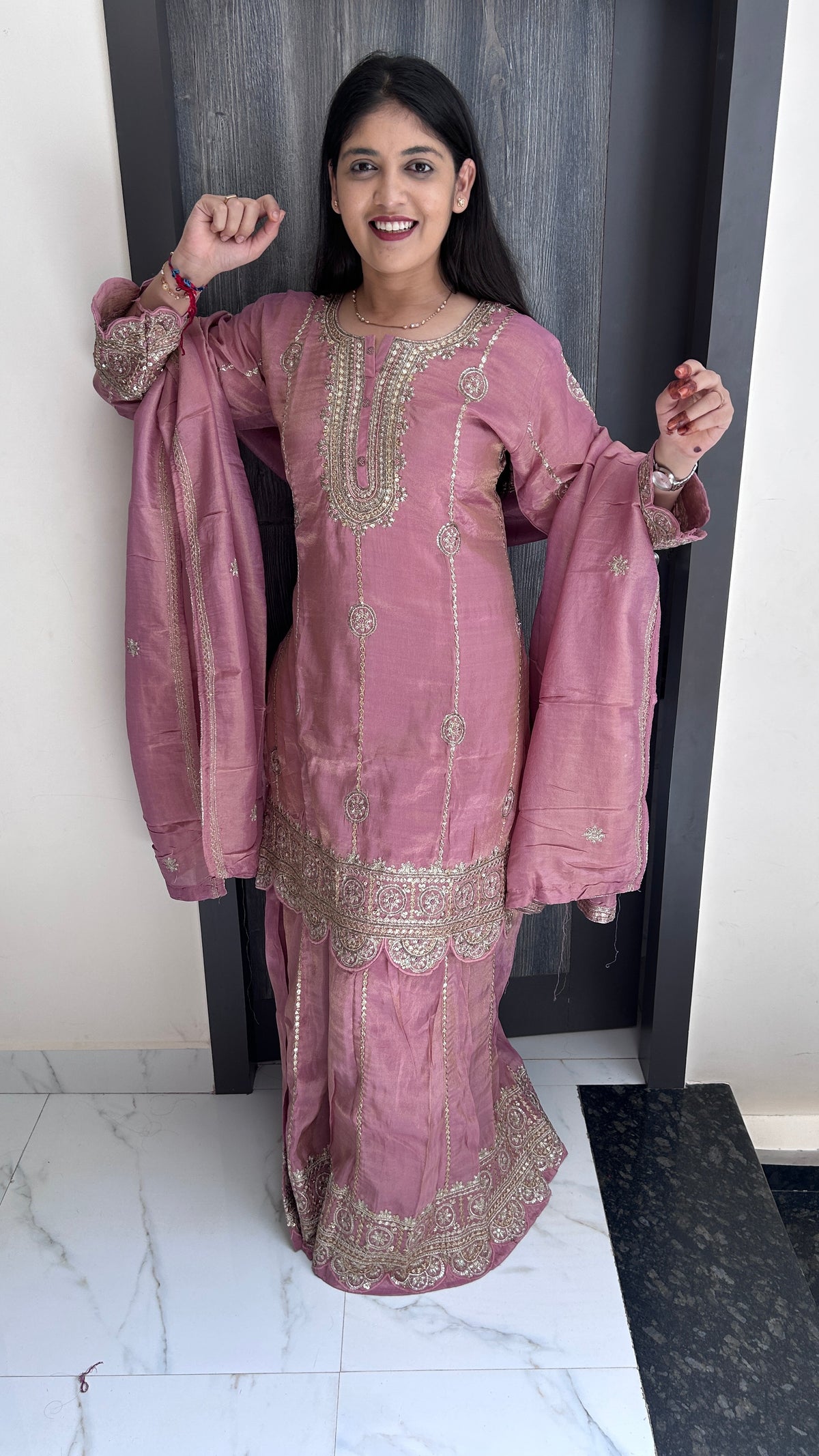 Mauve Hand-Embroidered Sharara Set