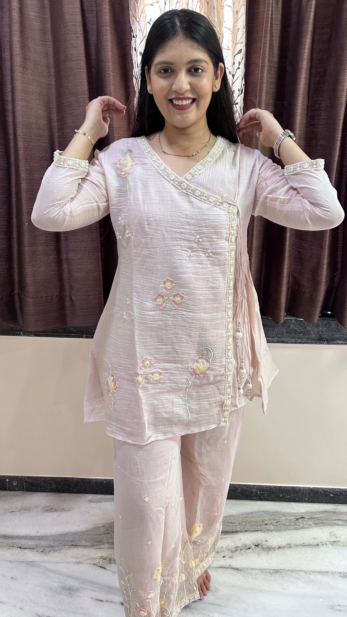 Light Pink Floral Hand-Embroidered Chinnon Angrakha Set