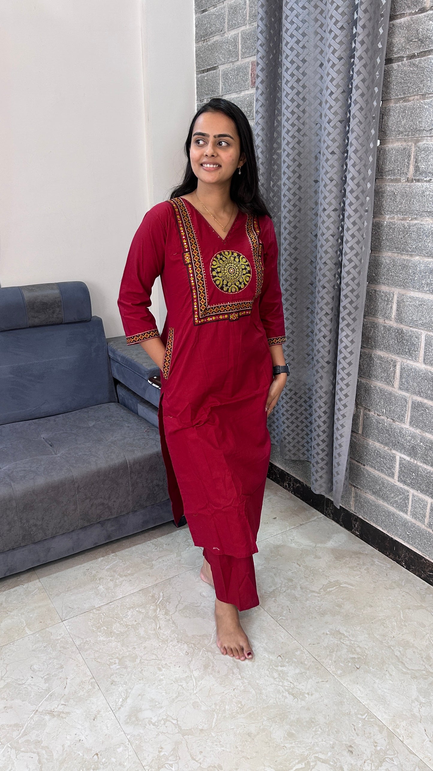 Crimson Maroon Yoke Embroidered Kurta Set with Dupatta