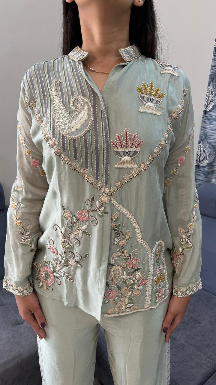 Floral Embroidered Pista Green Co-Ord Set