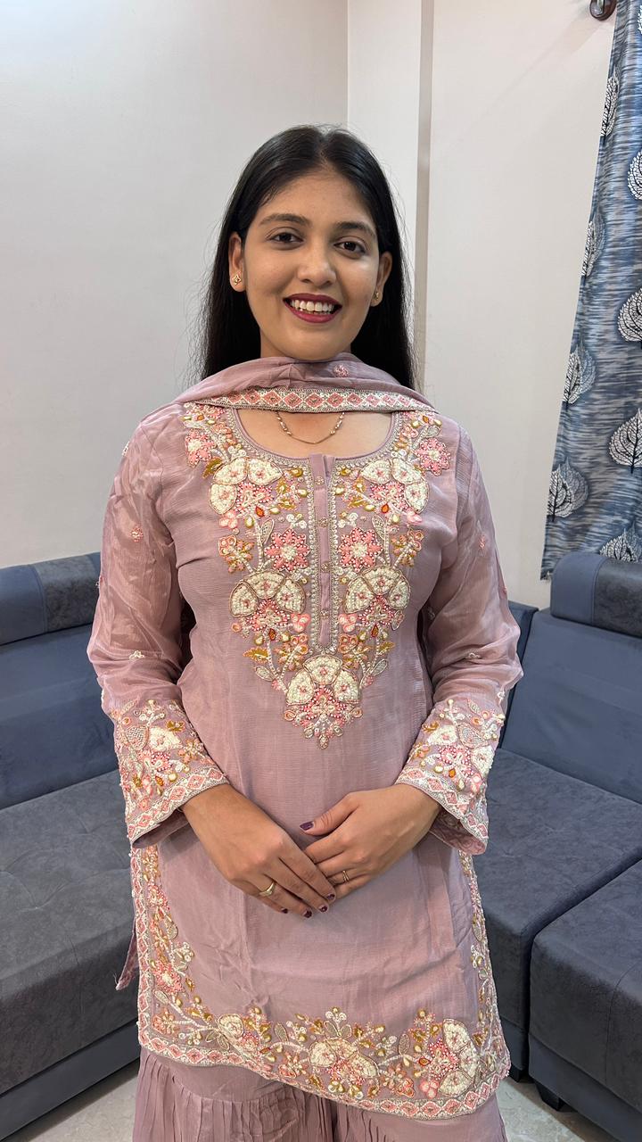Dusty Rose Georgette Gharara Suit with Floral Resham Embroidery