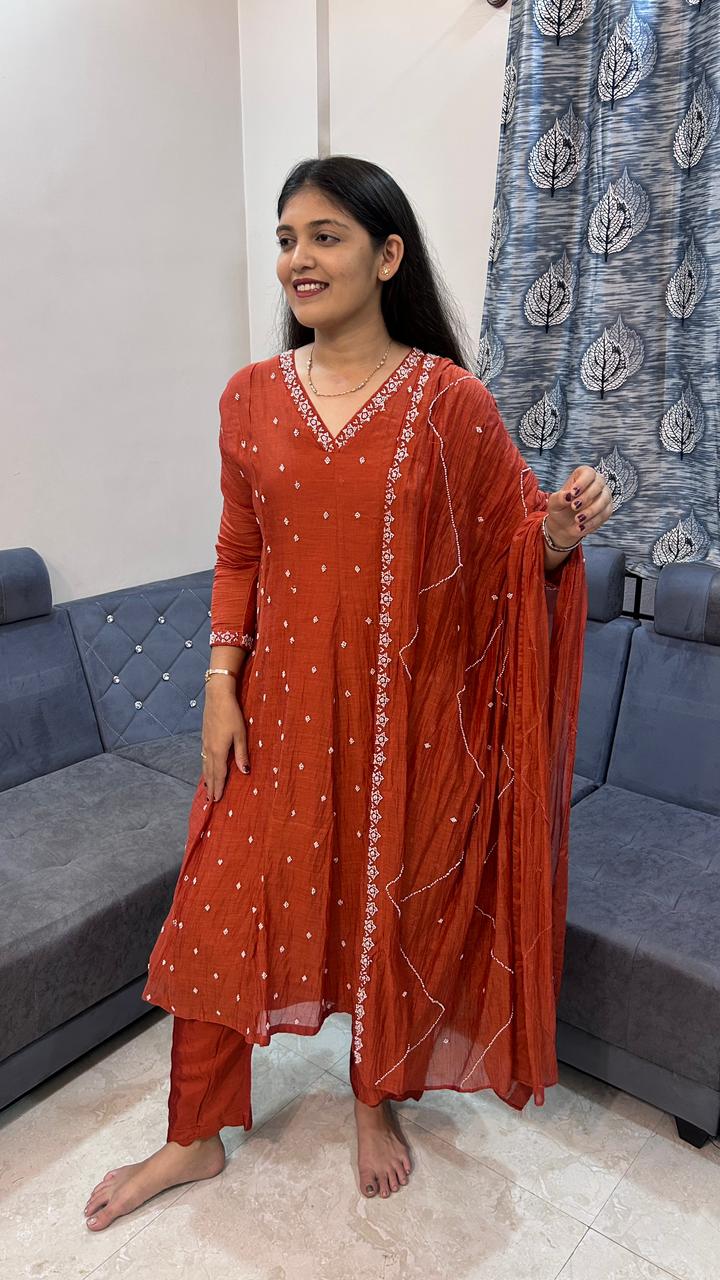 Product Name: Terracotta Rust Cotton-Silk Anarkali Set with Delicate Booti Embroidery