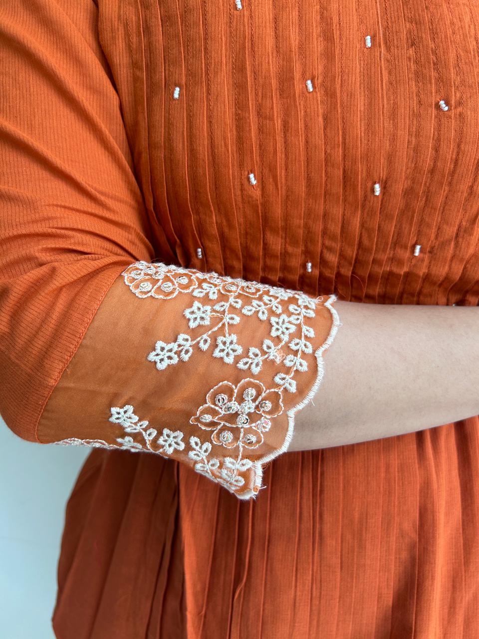 Rust Orange Embroidered Kurta Pant Set