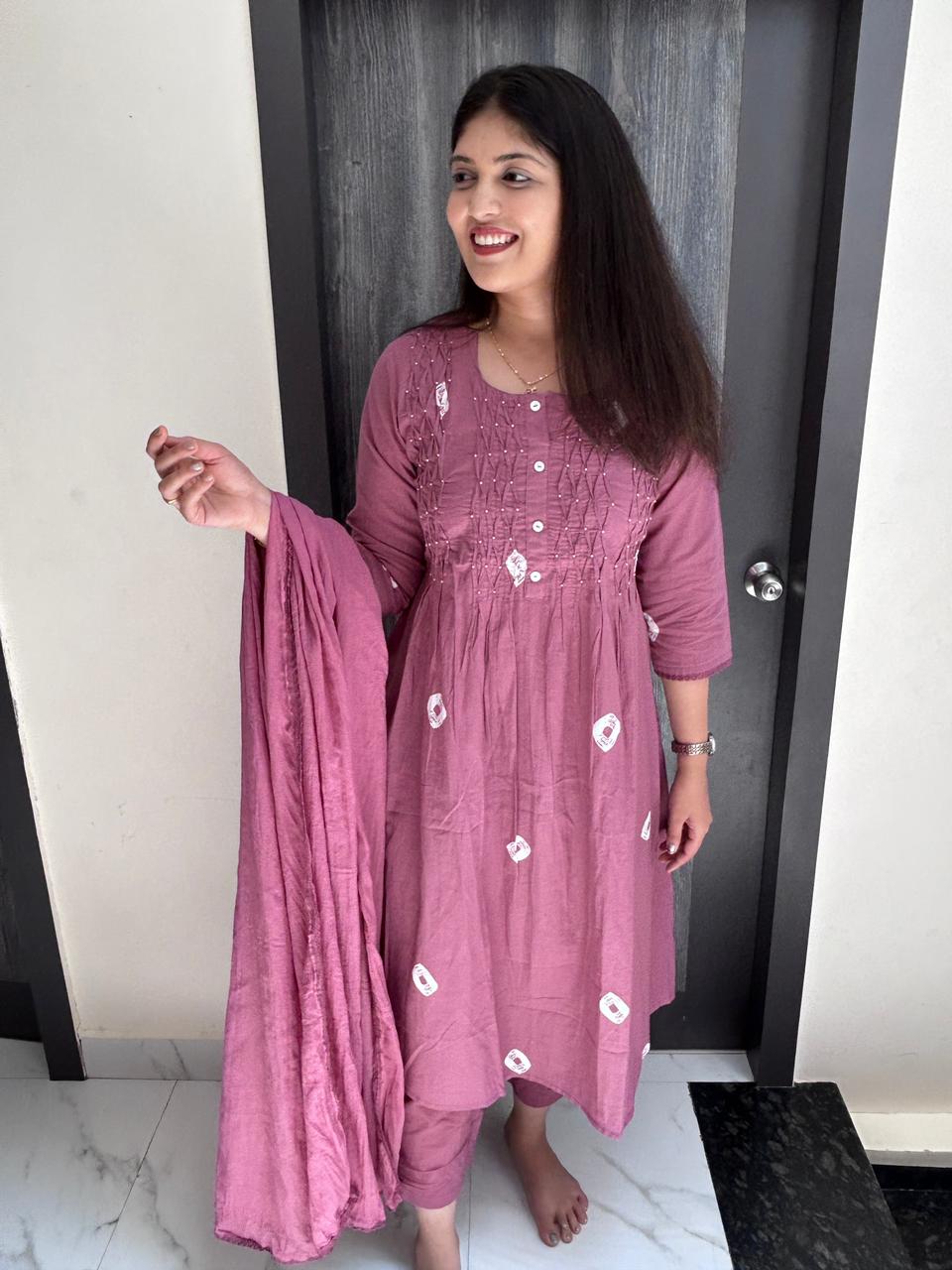 Dusty Mauve Bandhani Print Cotton Anarkali Suit Set