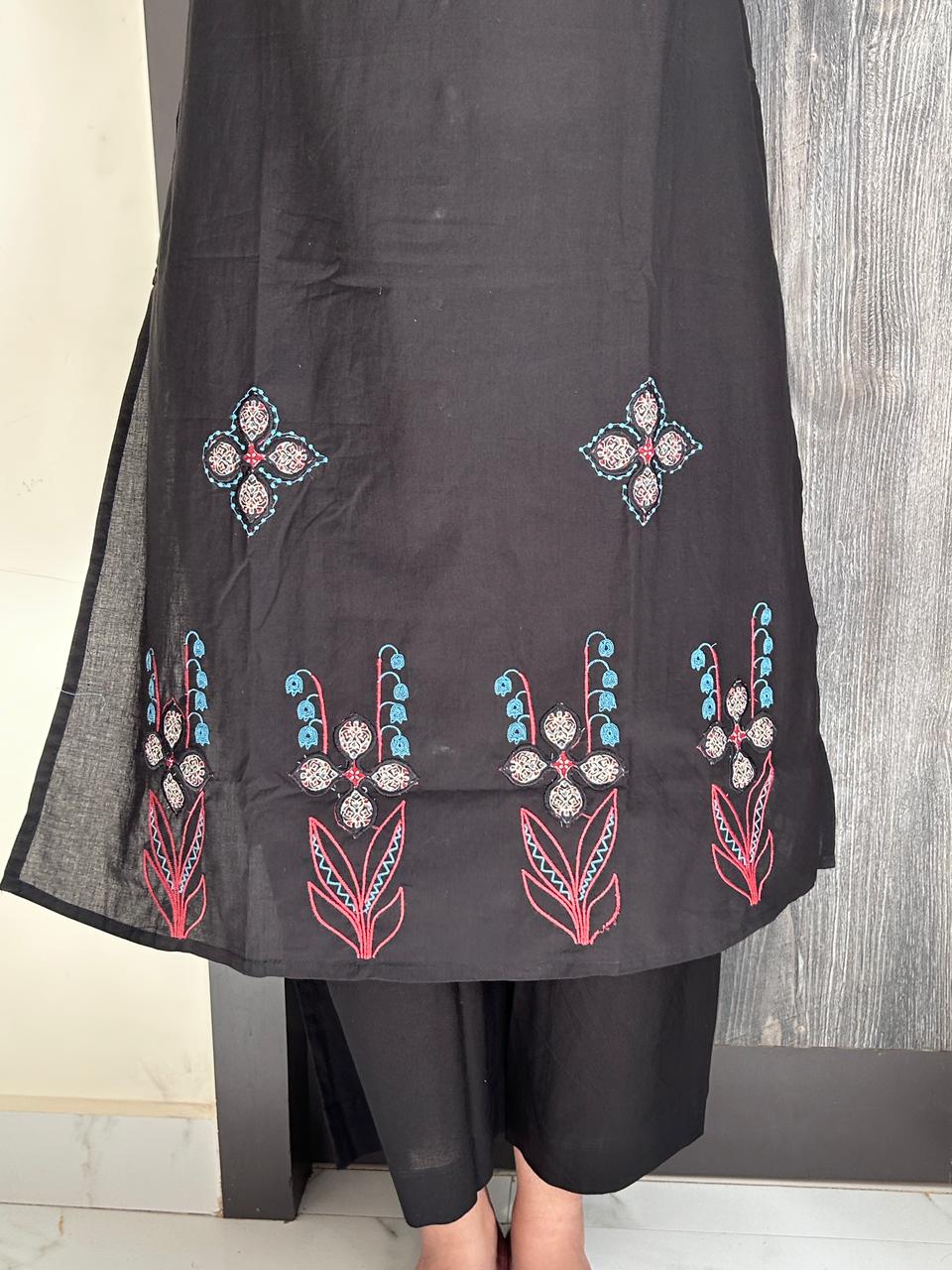 Jet Black Cotton Suit Set with Kantha-Style Floral Embroidery