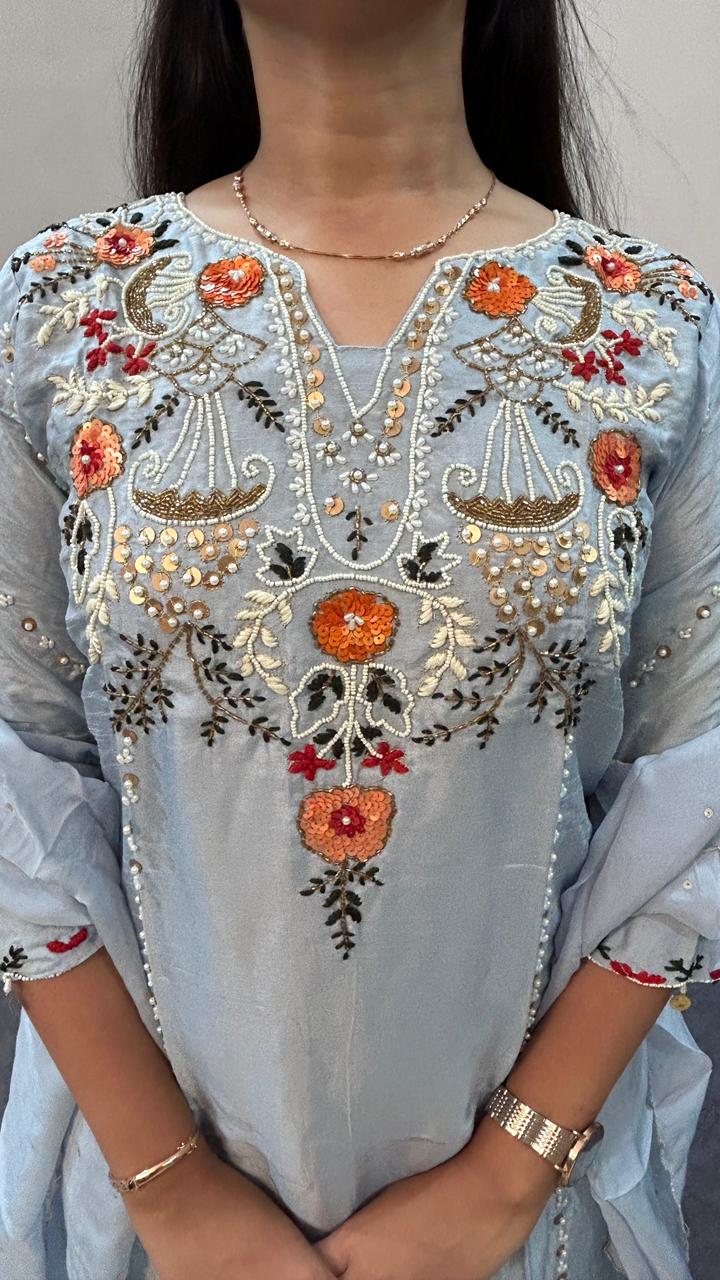 Ice Blue Hand-Embroidered Chanderi Silk Straight Suit Set