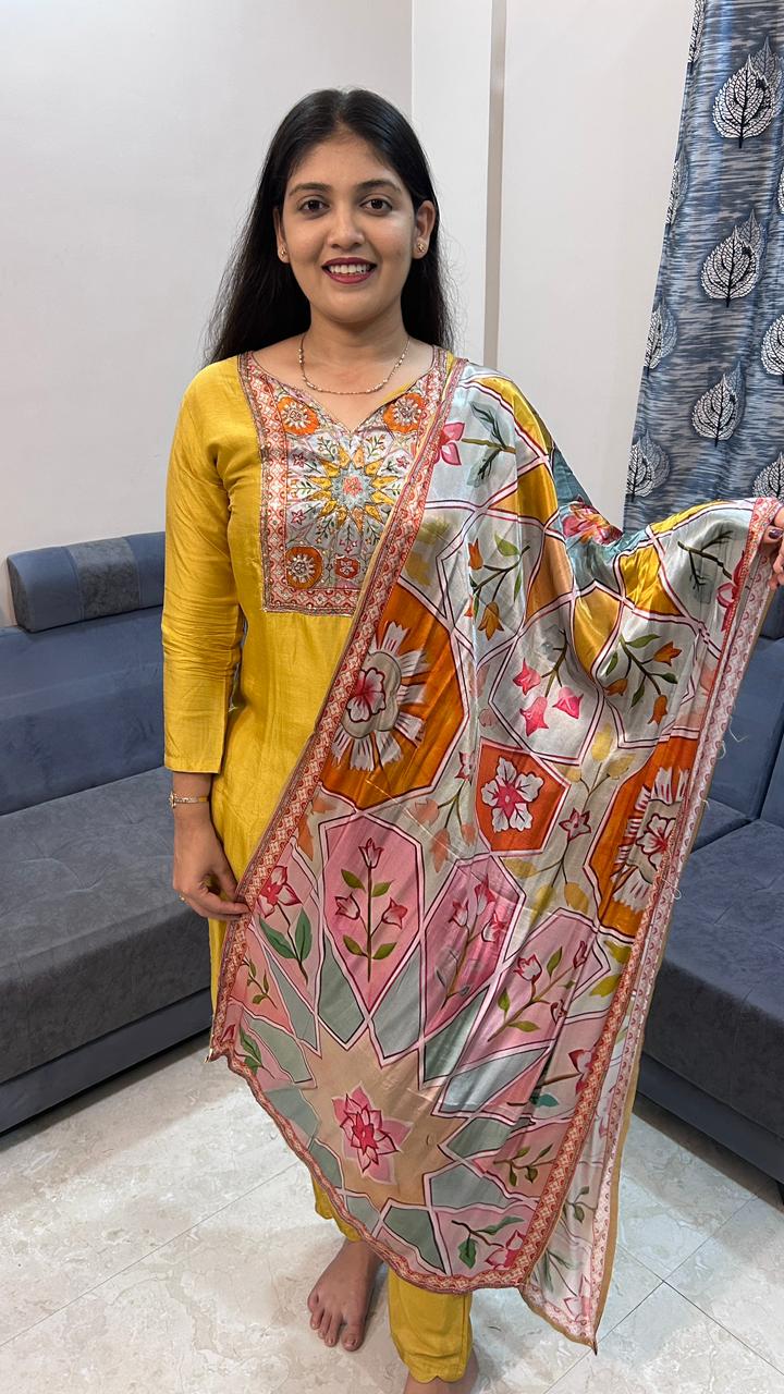 Royal Mustard Silk Kurta Set with Multi-Color Embroidered Yoke