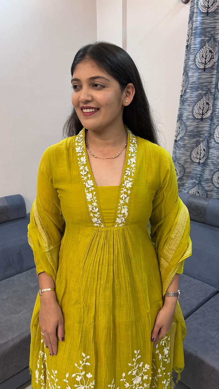 Lime Olive Georgette Pleated Kurta Set with White Vine Embroidery