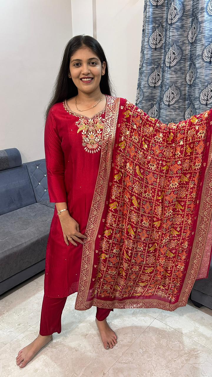 Crimson Red Raw Silk Kurta with Banarasi Bandhani Dupatta