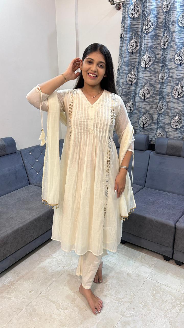 Classic Ivory Pleated Cotton Suit Set