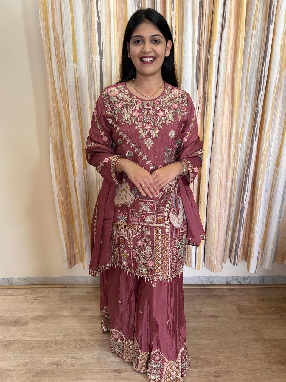 Mauve Rose Silk Embroidered Gharara Set