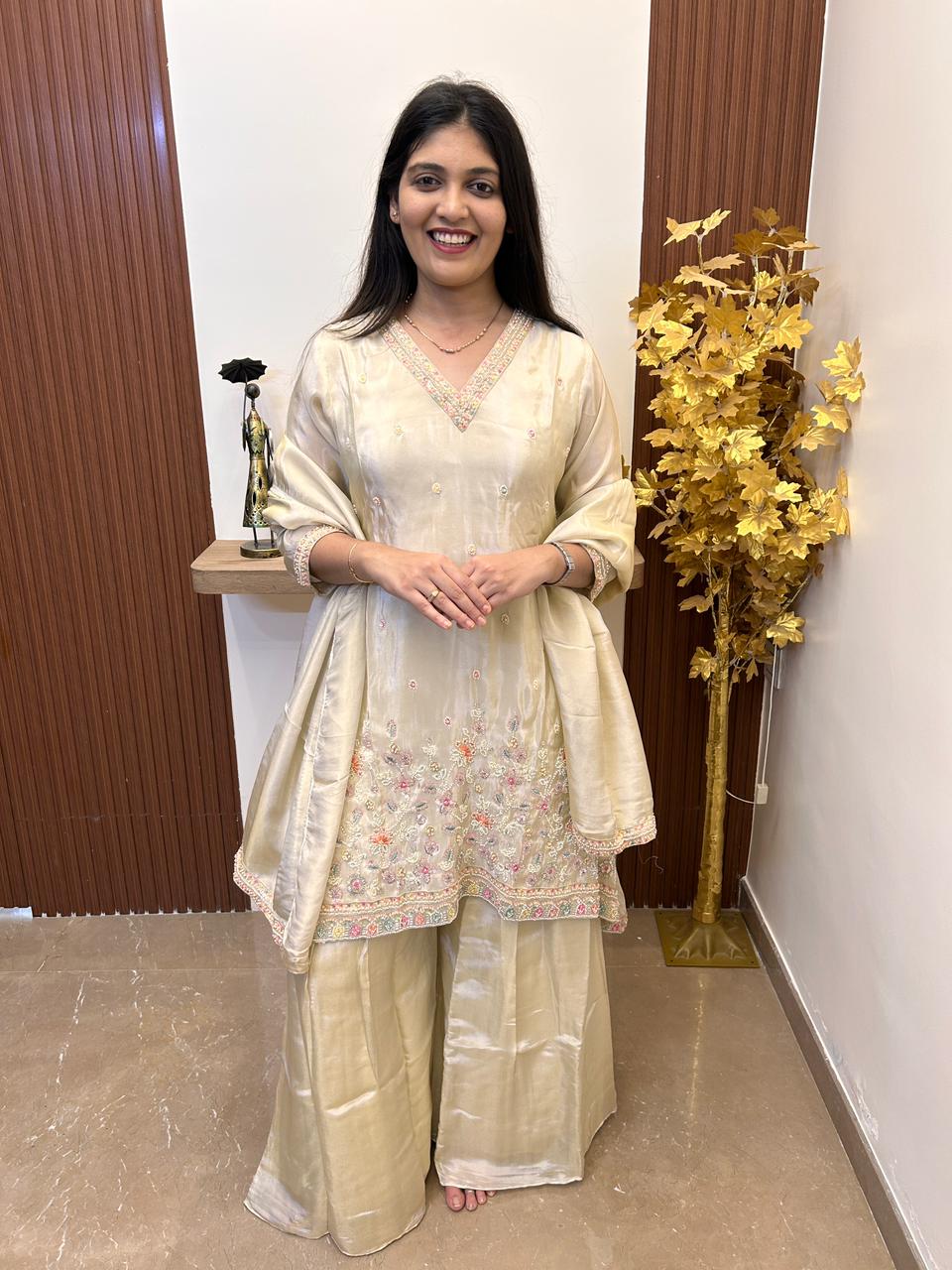 Creamy Ivory Tissue Silk Sharara Set