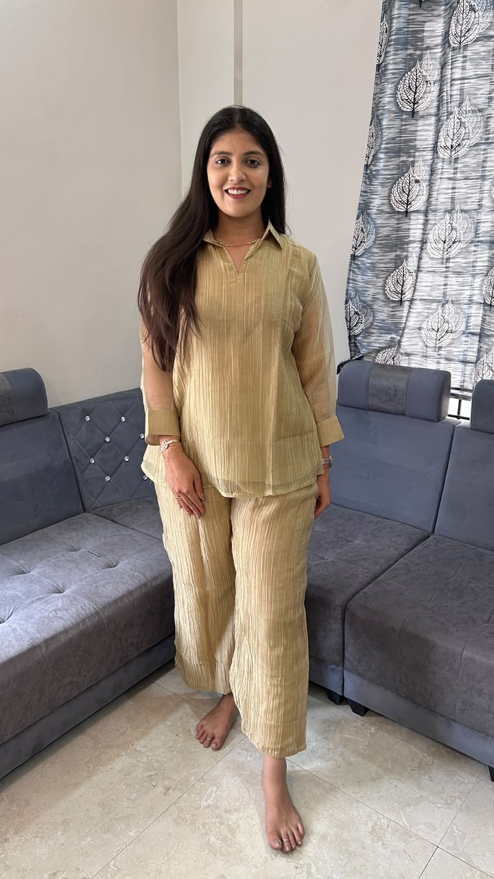 Metallic Gold Shimmer Co-ord Set with Embroidered Jacket