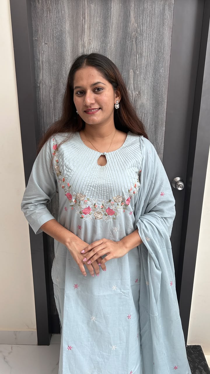 Powder Blue Floral Embroidered Cotton Suit Set