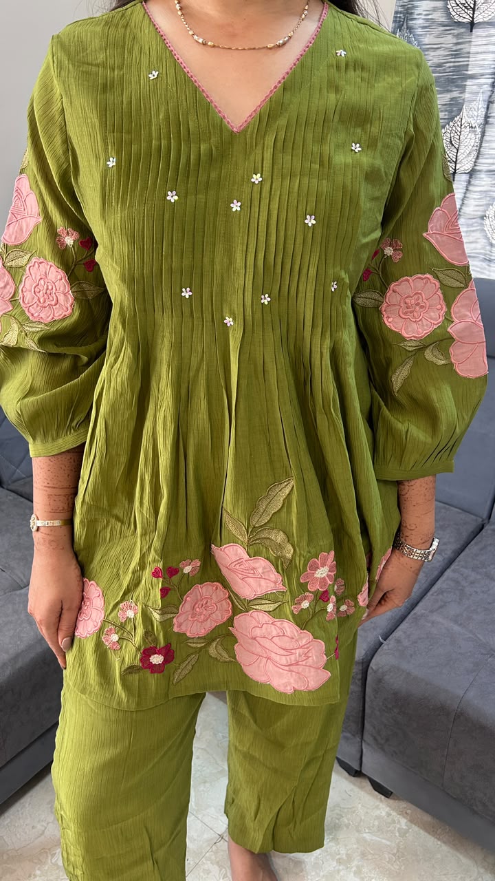 Olive Green Pink Floral Applique Co-ord Set