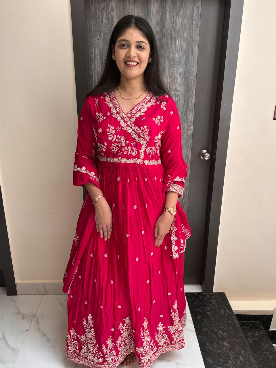 Rani Pink Embroidered Angrakha Anarkali Set