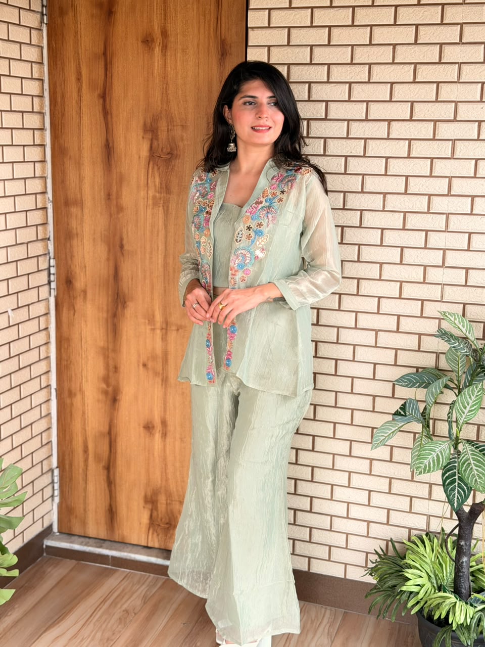 Mint Green Three-Piece Embroidered Co-ord Set
