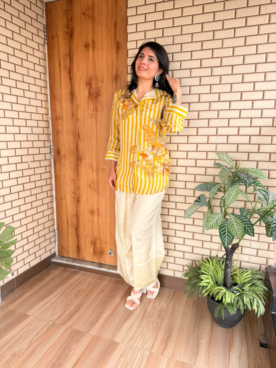 Yellow Striped Floral Appliqué Co-ord Set