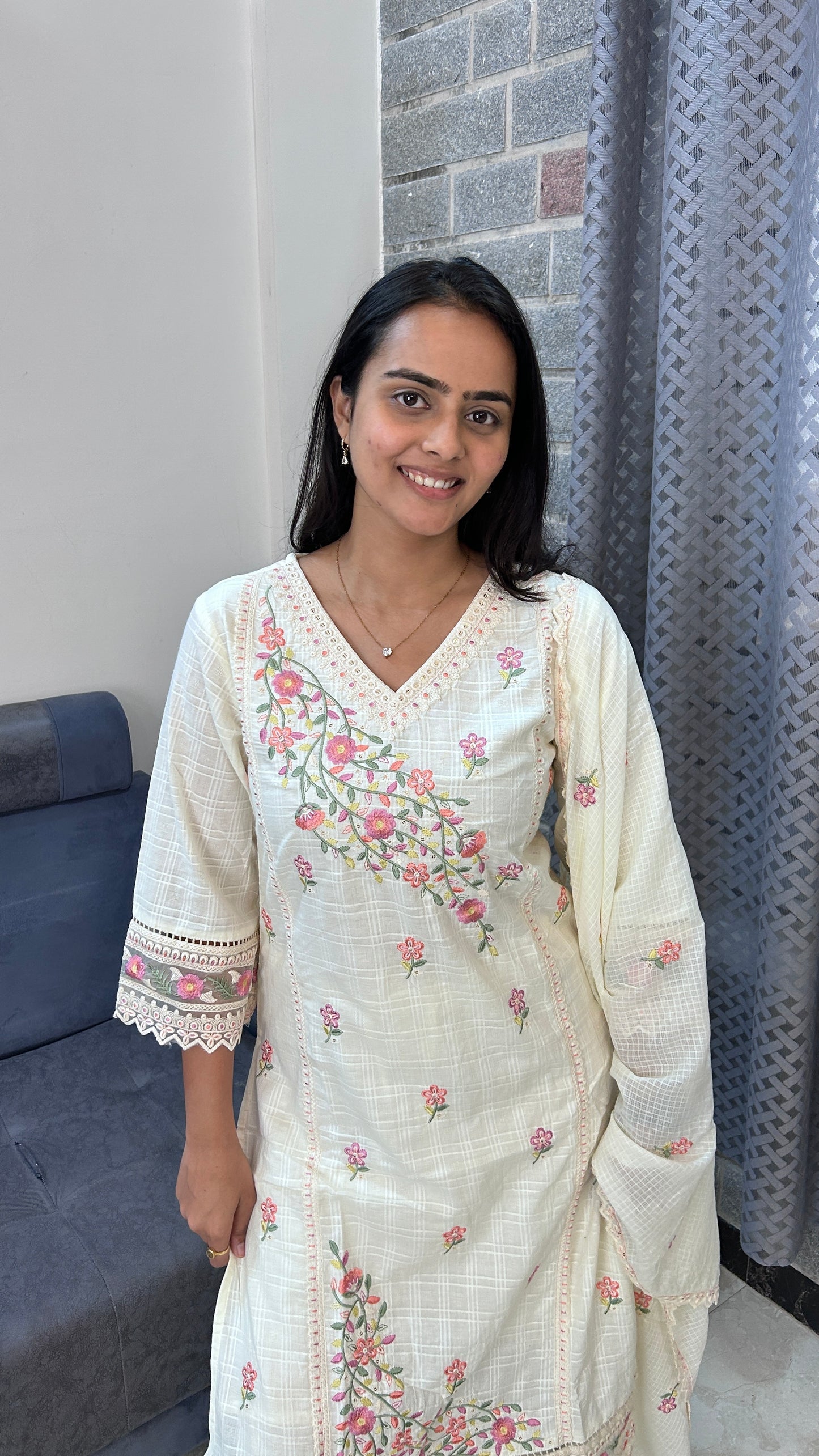 Ivory Floral Embroidered cotton Kurta Set