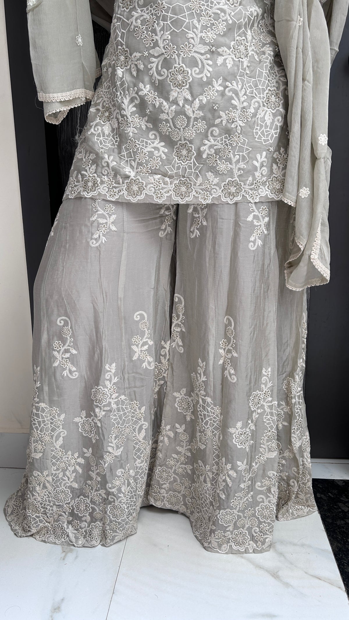 off white Monotone Embroidered Sharara Set