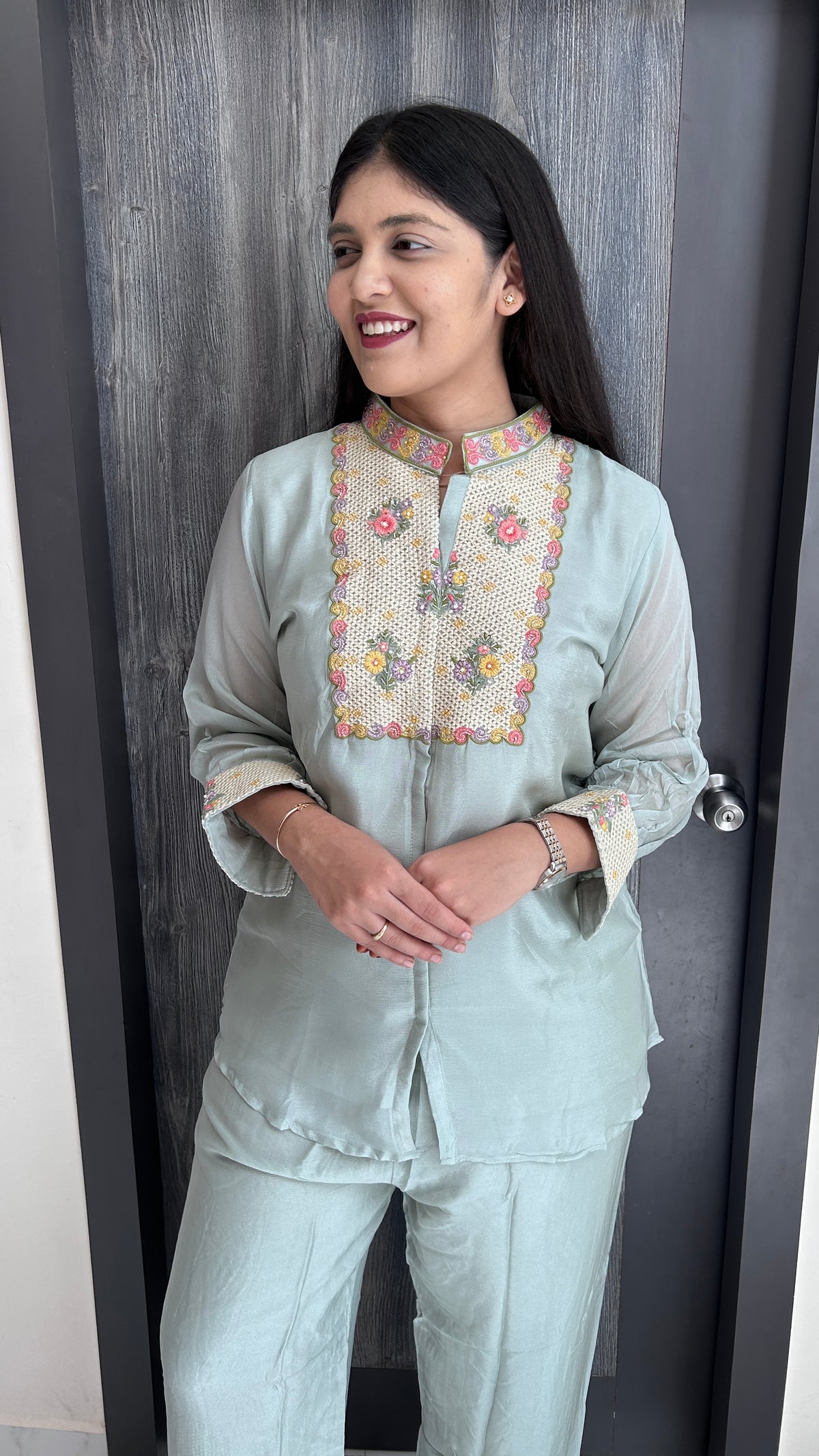 Sage blue Pure Chinnon Hand-Embroidered Co-ord Set
