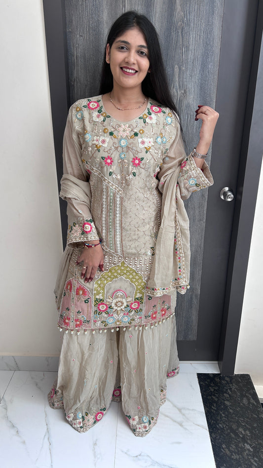 Pastel Floral Embroidered Sharara Set