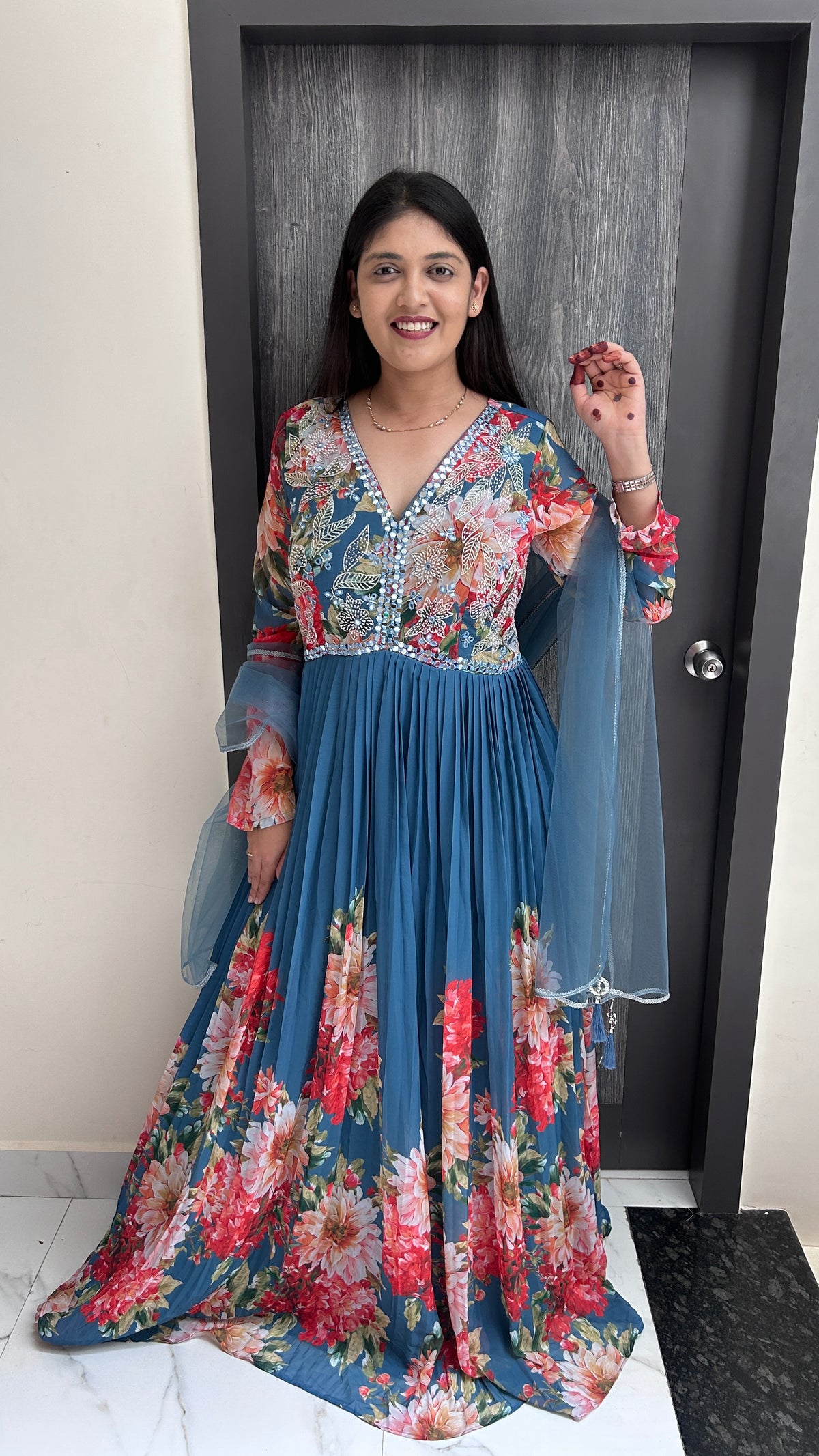 Slate Blue Floral Embellished Anarkali Gown