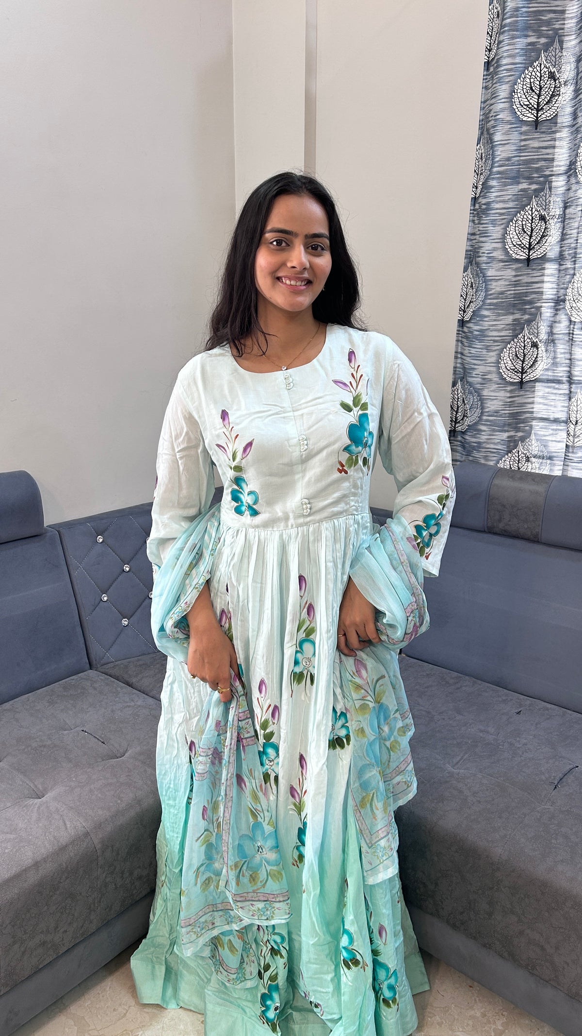 Blue Floral Ombre Anarkali Suit