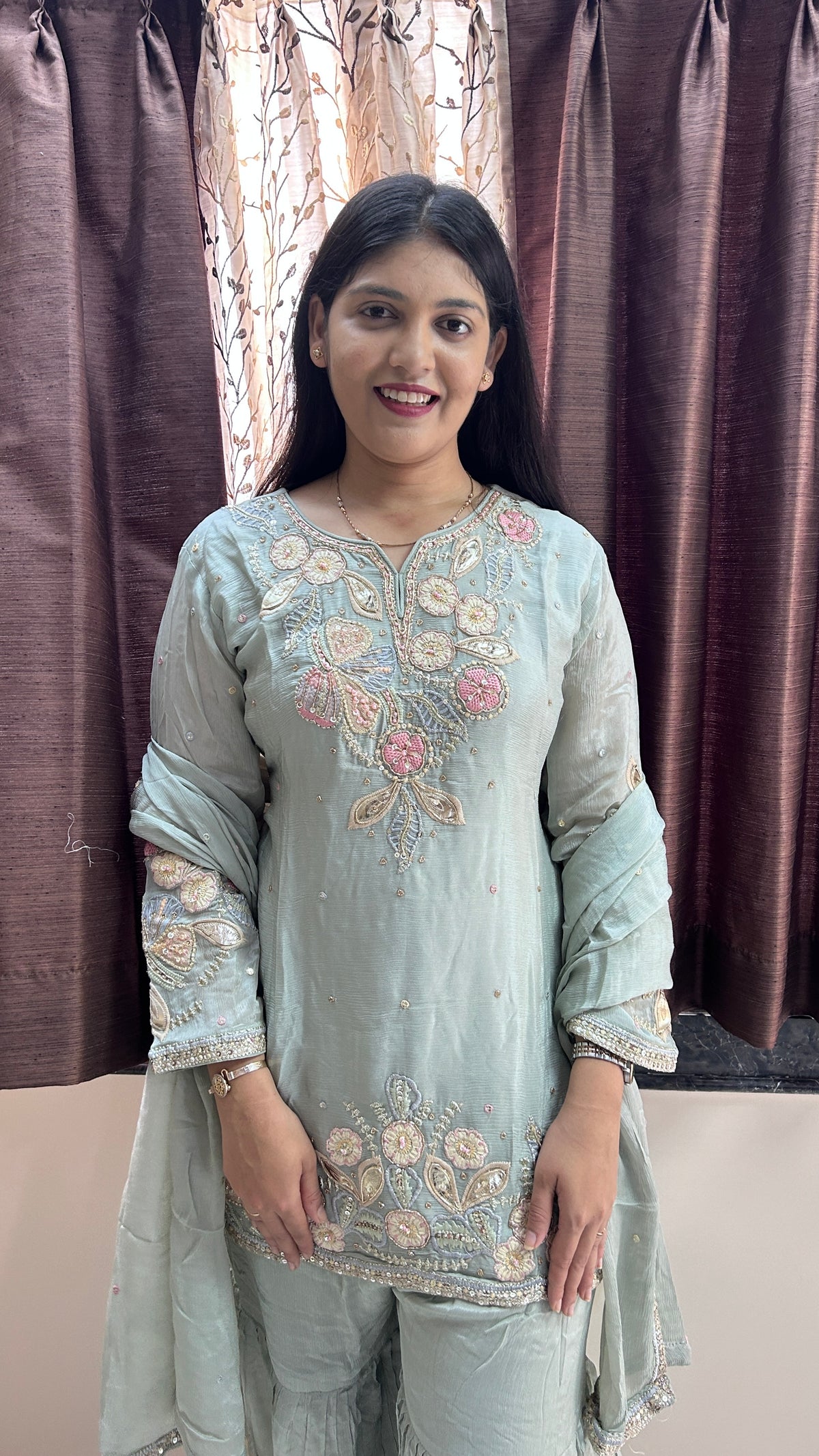 Light blue Hand-Embroidered chinnon Sharara Set