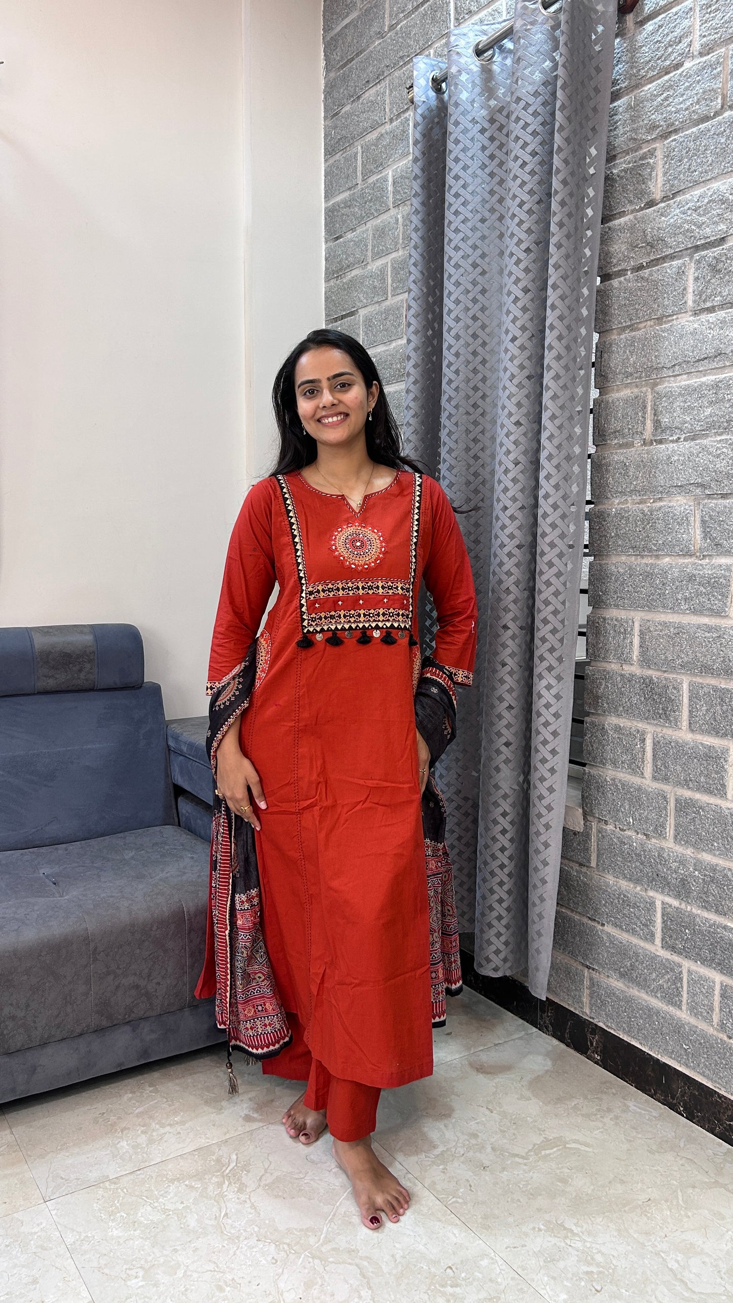Rust orange Hand-Embroidered Kurta Set