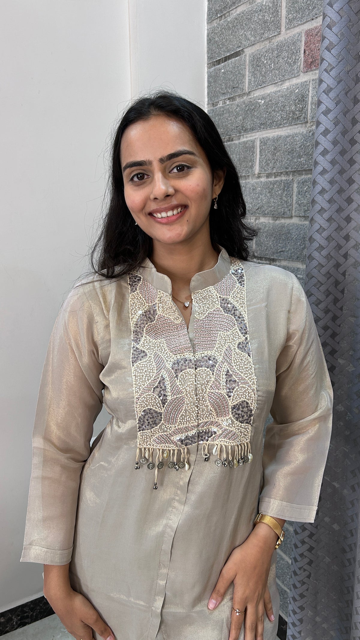 Beige Hand-Embroidered Yoke Co-ord Set
