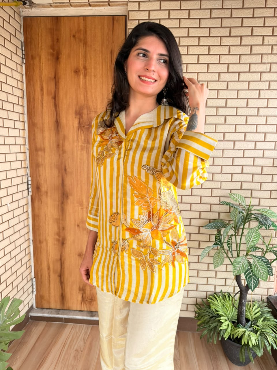 Yellow Striped Floral Appliqué Co-ord Set